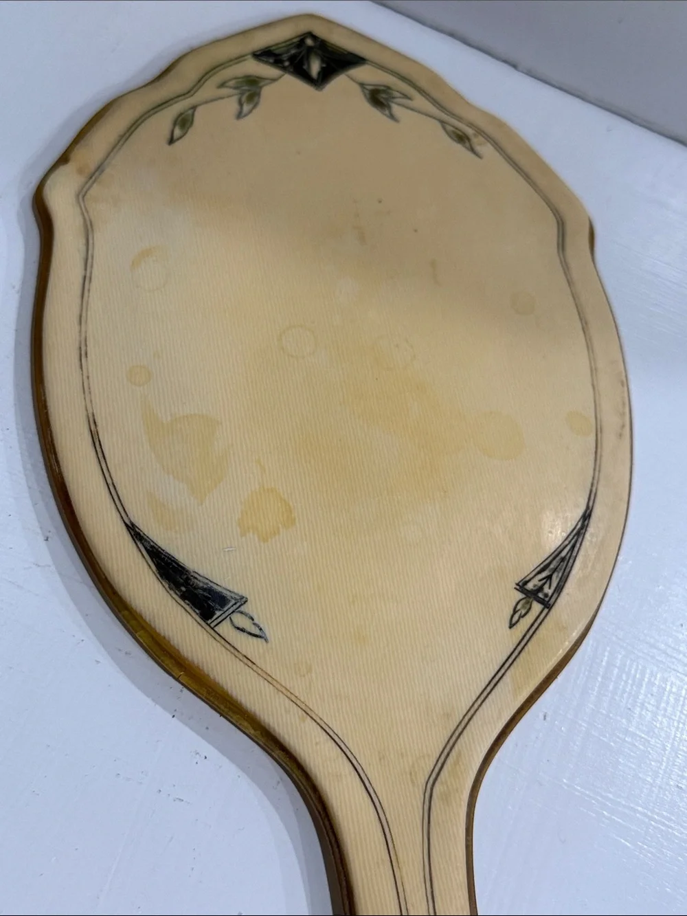 Vintage Antique Art Deco French Vanity Cream Hand Mirror with Black Accent 1920s